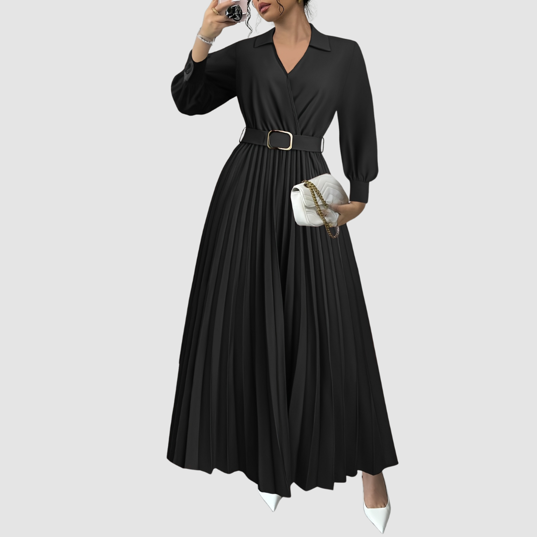 Margot Lane pleated maxi dress in black, full-length front view with belt