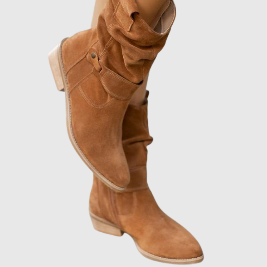 Corissa suede boots in light brown, close-up of stud strap and low heel