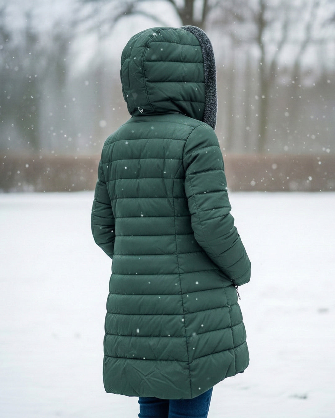 Harriet puffer coat in dark green, back view with hood up