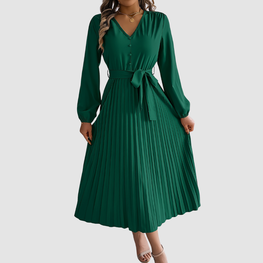Celeste Bloom pleated midi dress in dark green, full-length front view