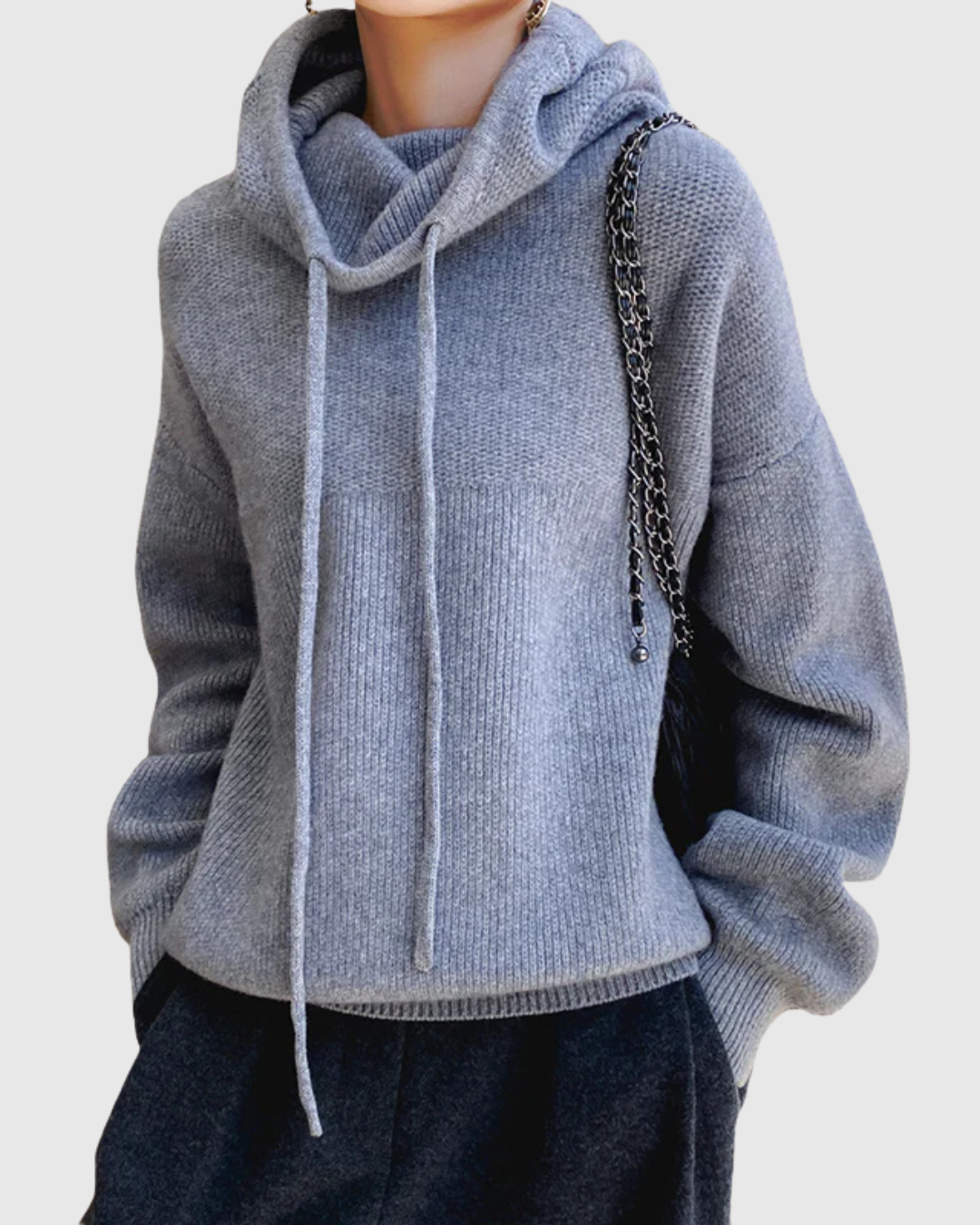 Calyssia knitted hoodie in grey, front view with drawstring ties