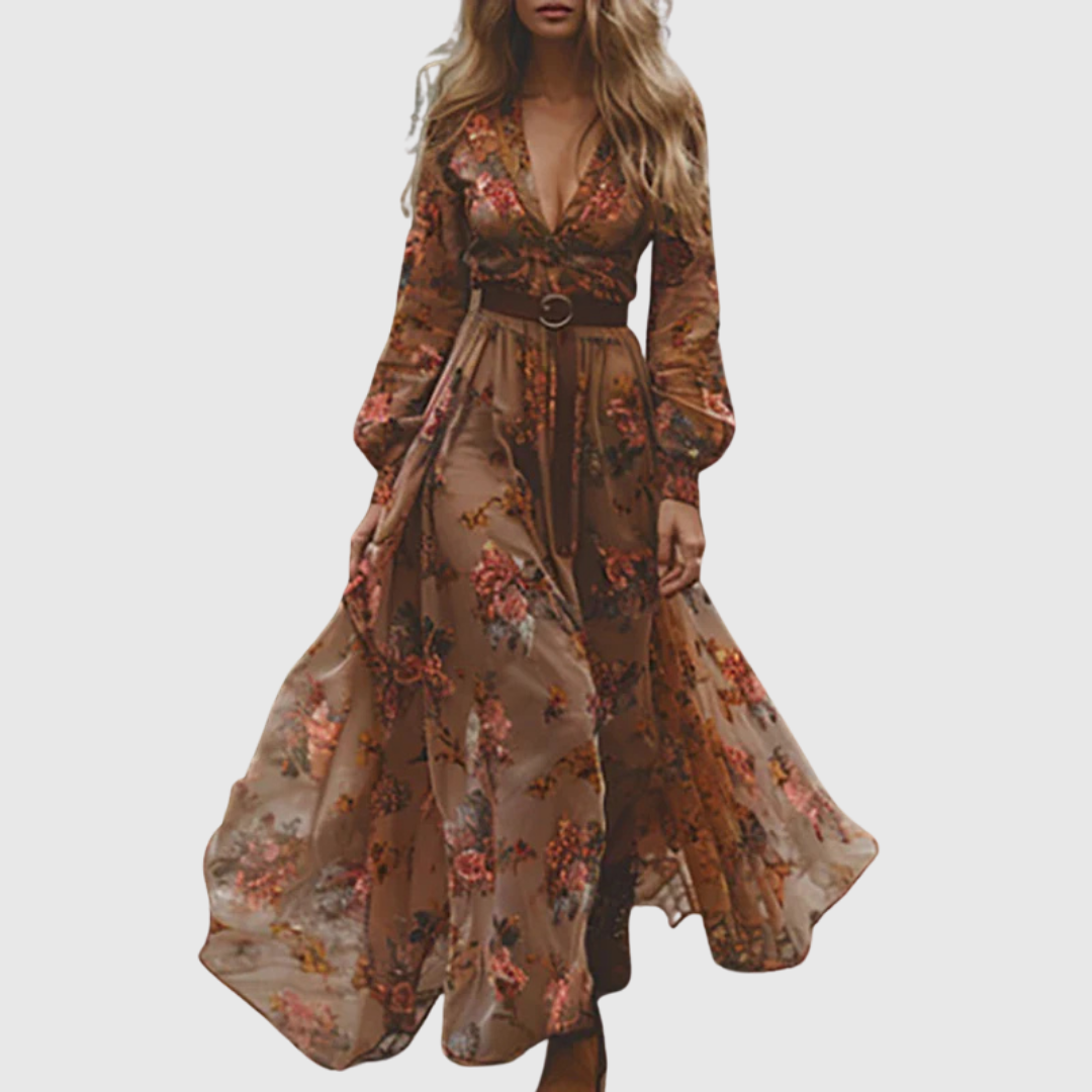 Alina Soleil boho maxi dress in dark brown, full-length front view