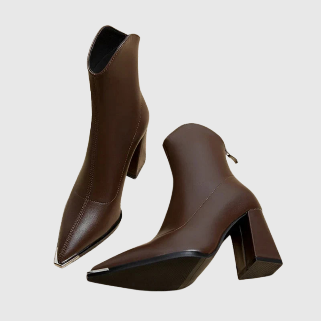 Relaxed fit pointed ankle boot heels in brown, angled pair view