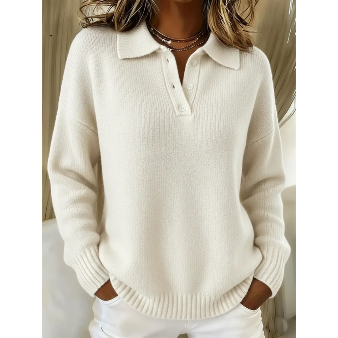 Marina soft polo jumper in white, front view with ribbed hem