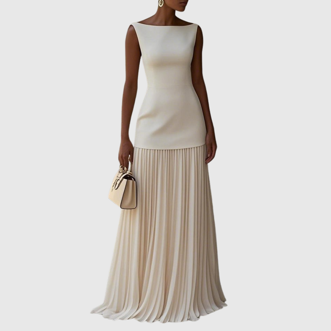 Coralie pleated maxi dress in cream, full-length front view
