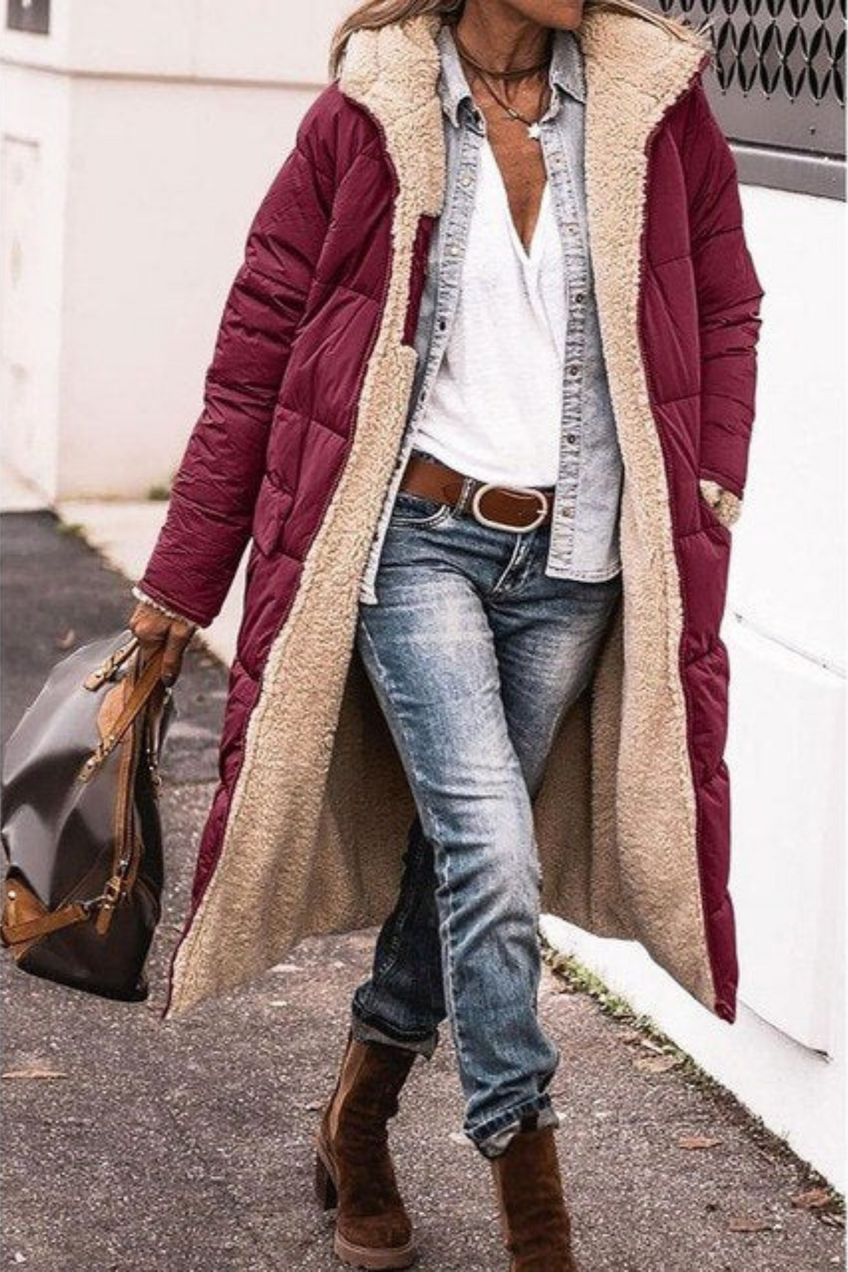 Celia reversible padded coat in wine red, full-length front view