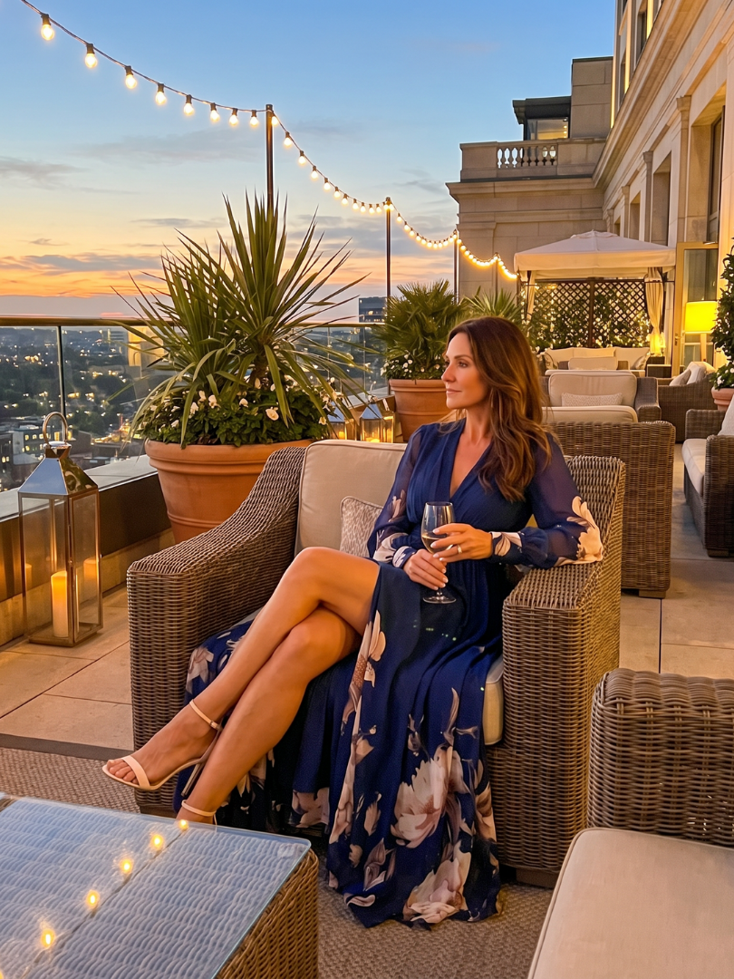 Ziva navy maxi dress worn on a rooftop terrace at sunset