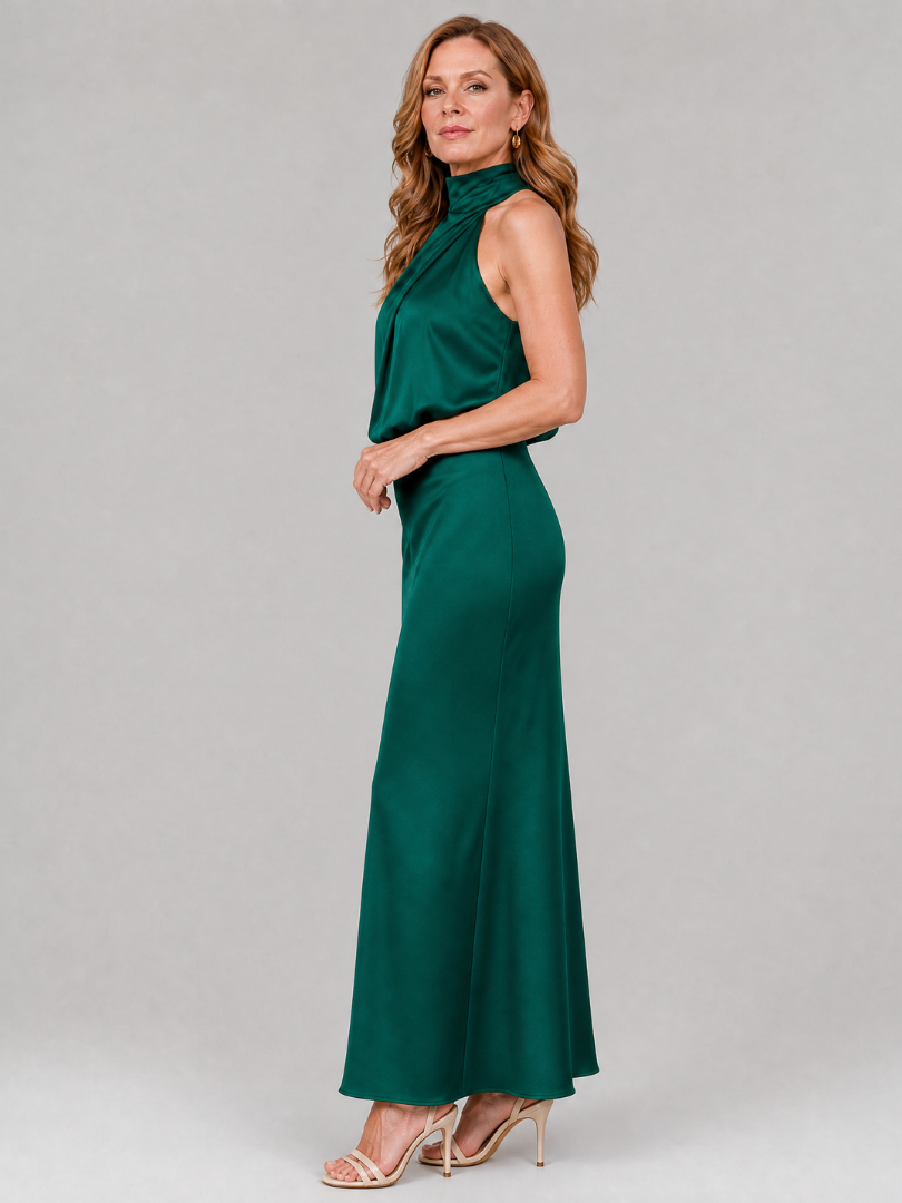 Nopal draped neck midi dress in dark green, side view