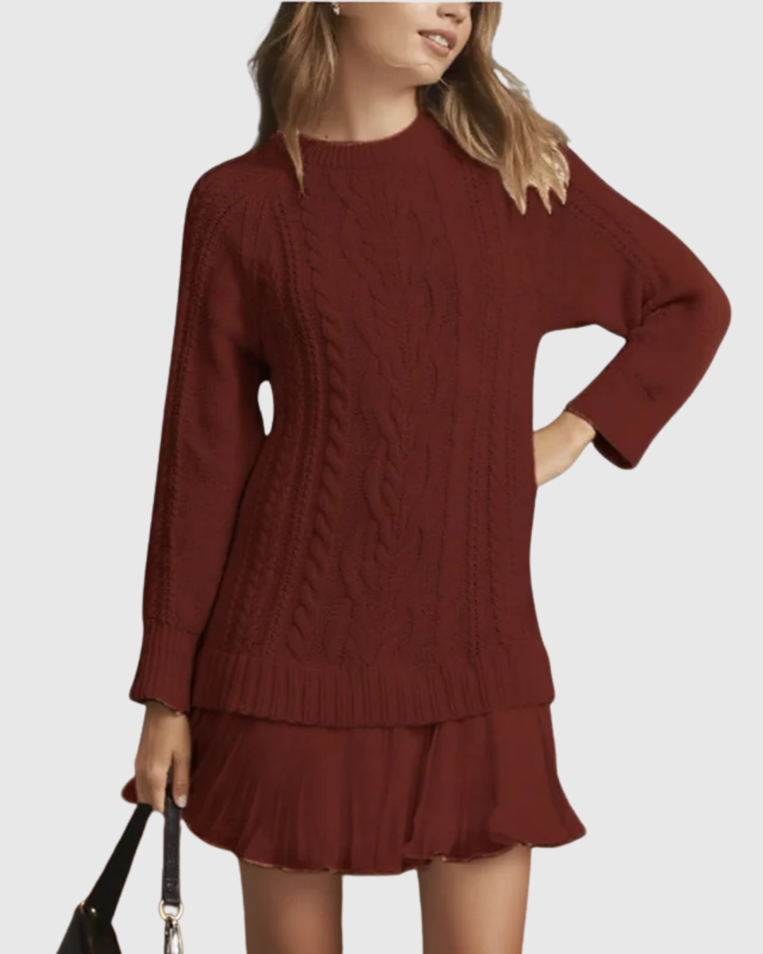 Eira classic sweater dress in deep red, front view