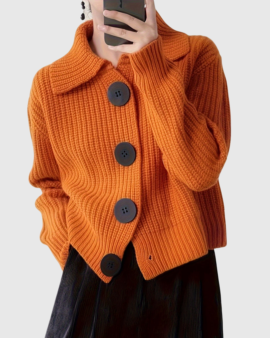 Marisse premium knit jacket in orange, front view with oversized buttons