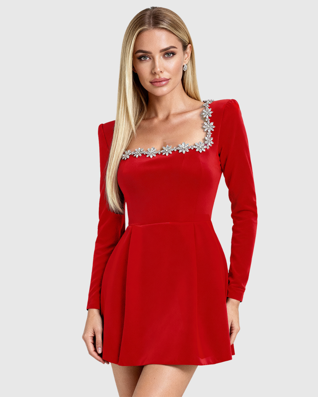 Talithaen dress in red, close-up of embellished neckline and sleeves