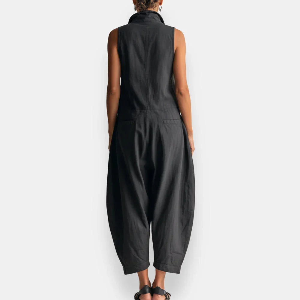 Ryker sleeveless cargo jumpsuit in black, back view with wide cropped legs