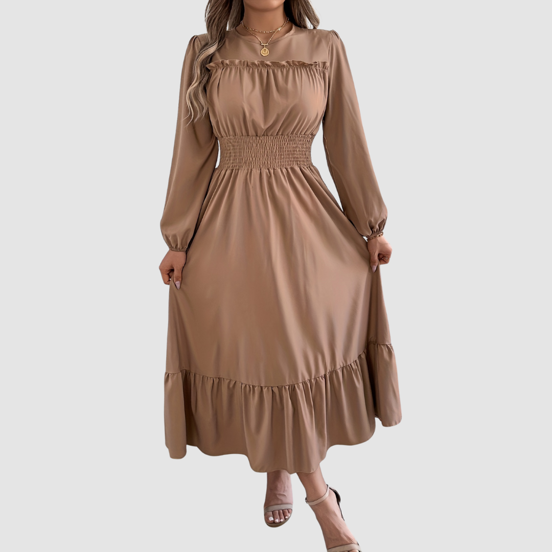 Isola Lane ruffled hem midi dress in khaki, full-length front view