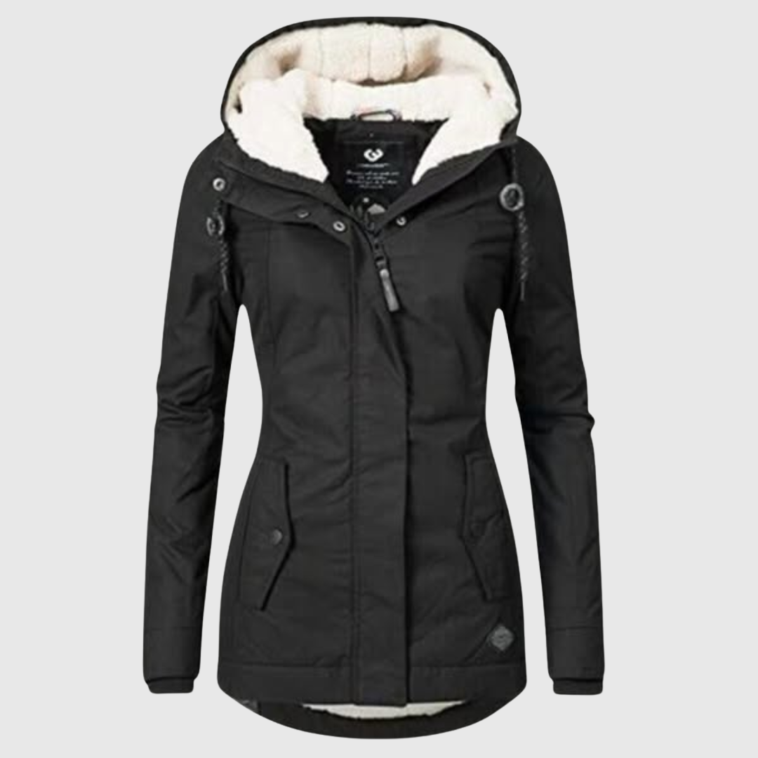 Agnes long waterproof winter coat in black, front view with fleece-lined hood