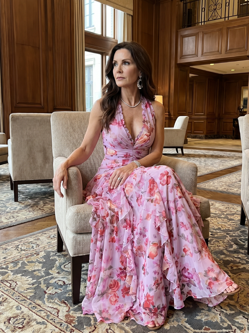 Nori floral maxi dress in pink, seated indoor view