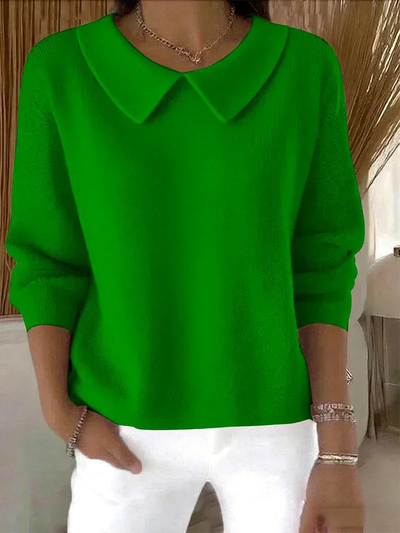 Katie collared knitted sweater in green, front view with white trousers