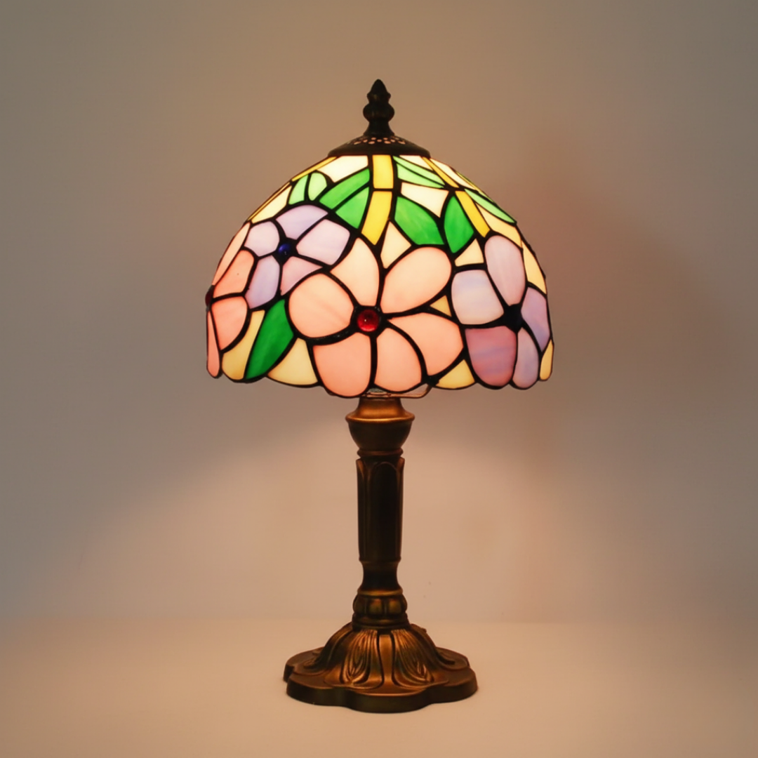 Large Flowers stained-glass table lamp with pink blossom shade, front view