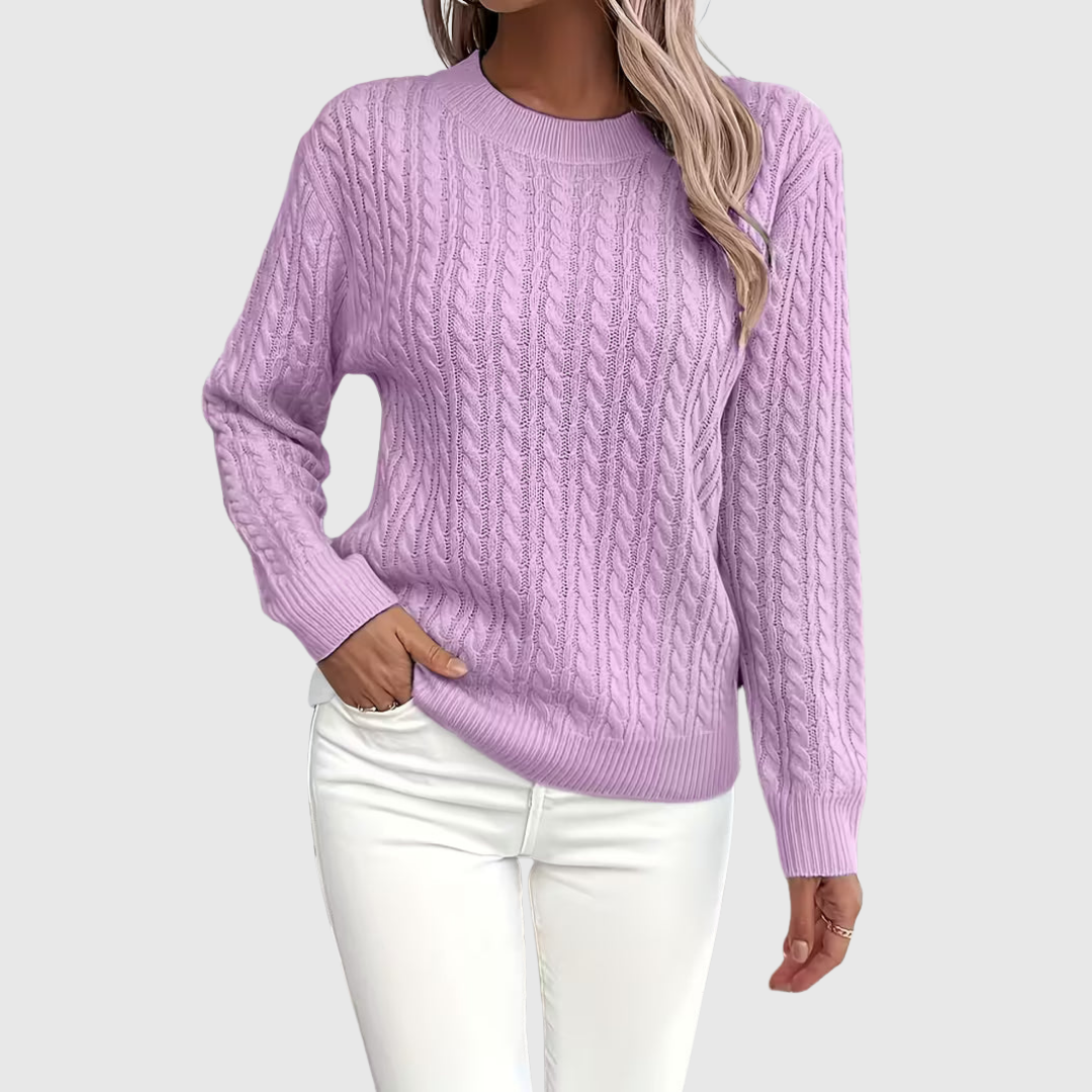 Isla cable-knit sweater in purple, front view on model