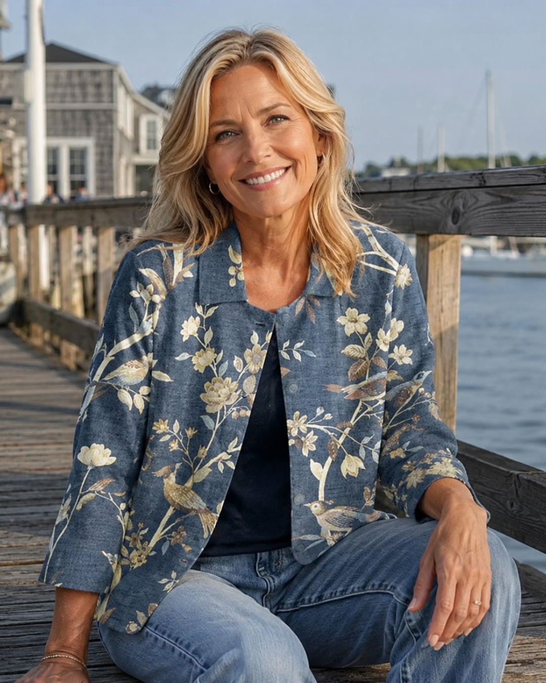 Oriella blouse in washed blue bird print, worn open over a navy top
