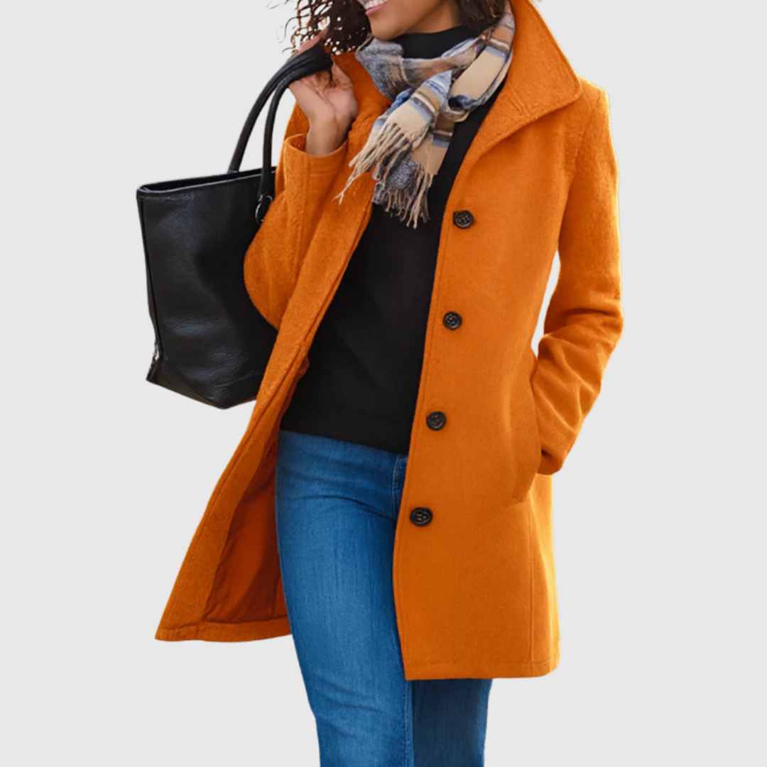 Connie classic coat in orange, front view showing structured collar