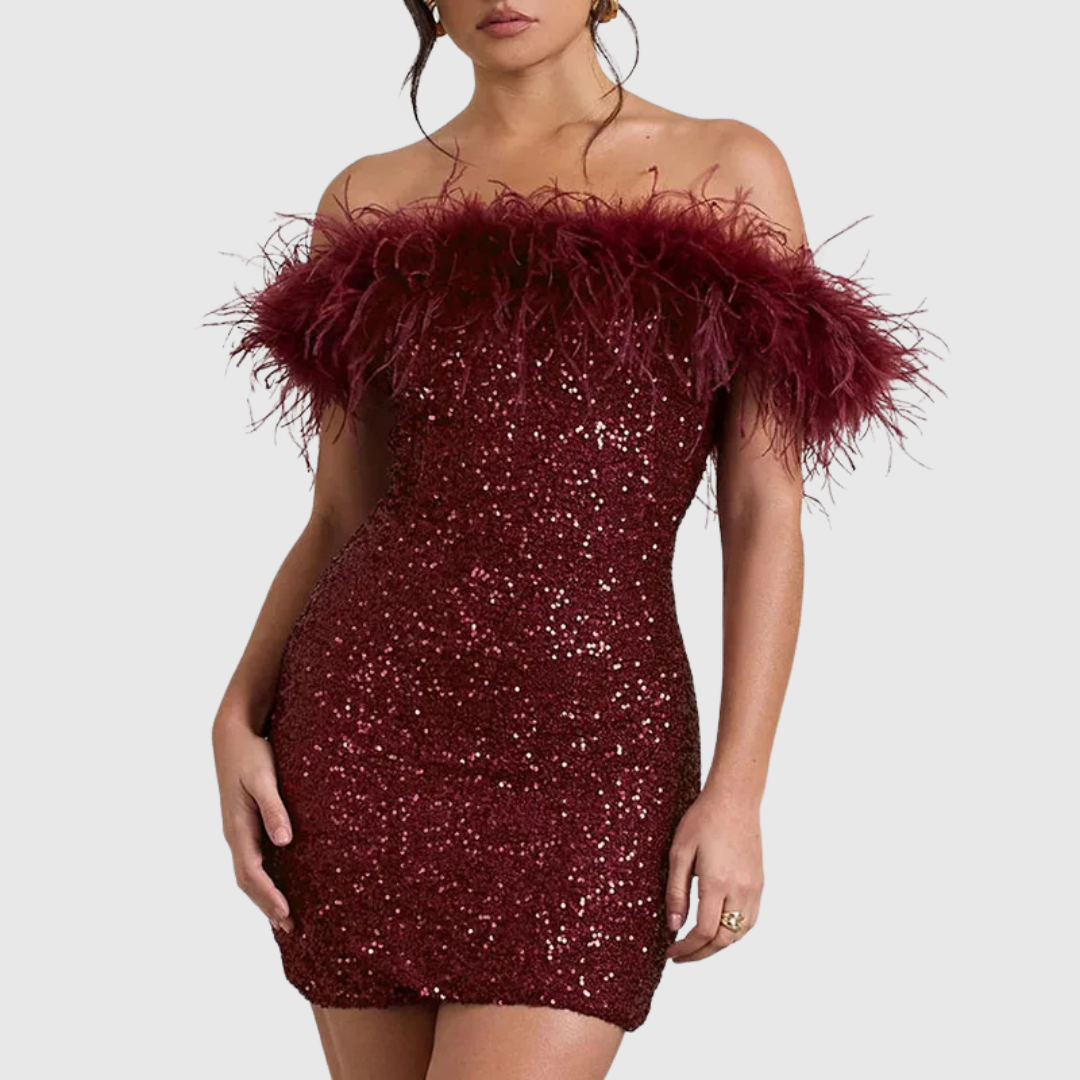 Adriana off-shoulder glitter dress in red, front view with feather trim
