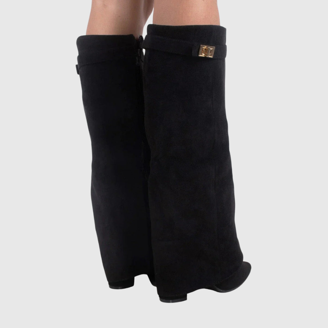 Lelene knee-high boots in black, back view showing cuff straps