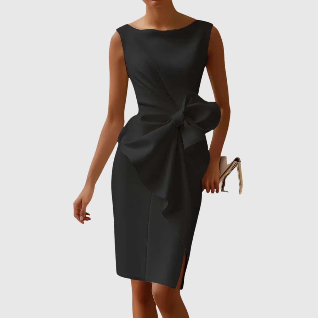 Ainsley sleeveless midi dress in black, front view with side bow