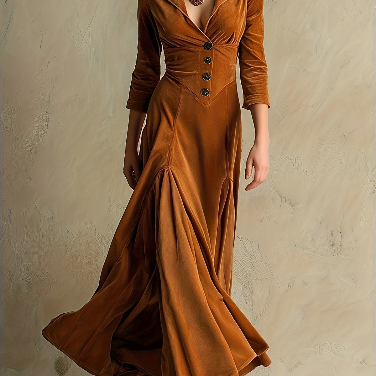 Elowenna maxi dress in caramel brown, bodice and skirt front view