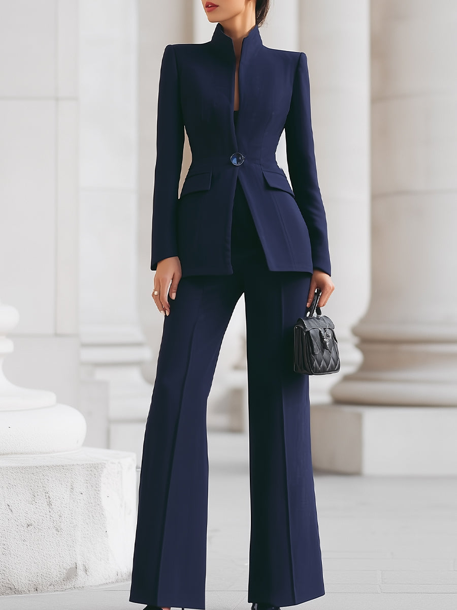 Adrielle blazer and trouser suit set in navy blue, full-length front view