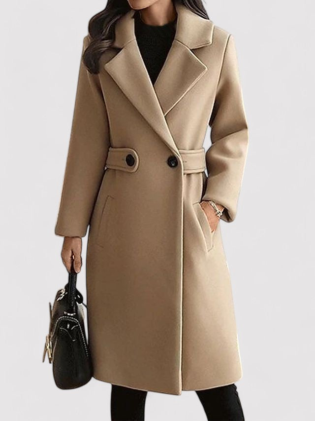 Noelle belted coat in camel, front view with handbag