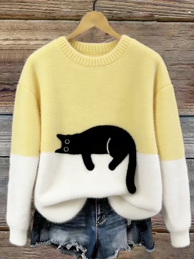 Aileen cat print oversized sweater in yellow and cream, front view