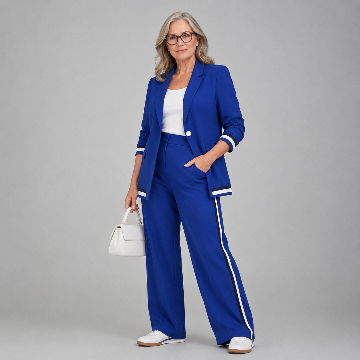 Hyacinth casual suit set in cobalt blue, full-length front view