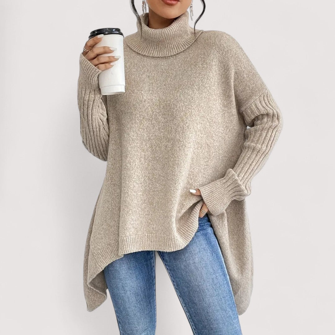 Fenella long turtleneck sweater in desert khaki, relaxed front view