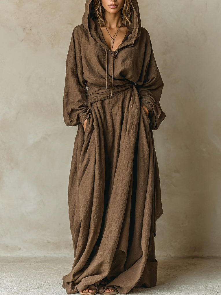 Sienna hooded maxi dress in brown, full-length front view