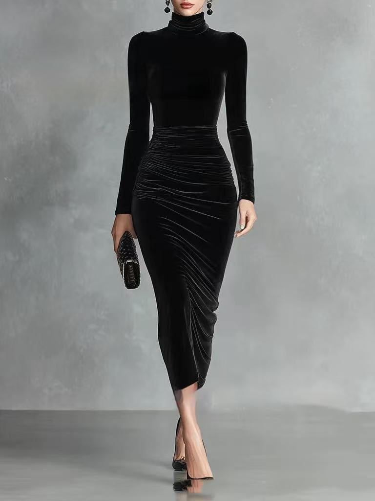 Sophia black fitted velvet dress, full-length front view with ruched waist