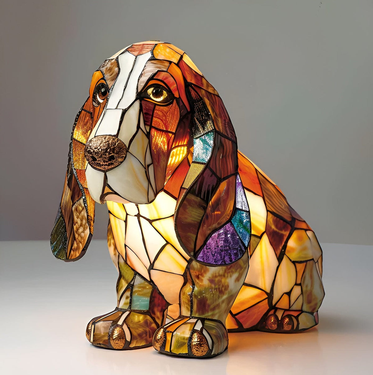Winston basset hound glow lamp in amber and cream mosaic glass, seated front view