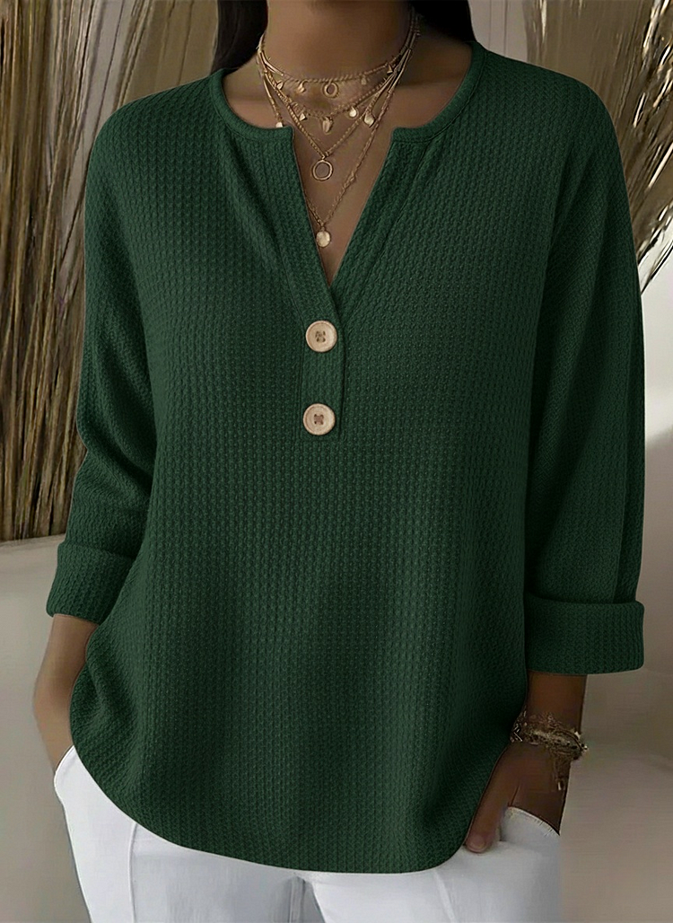 Lucía textured Henley top in green, front view