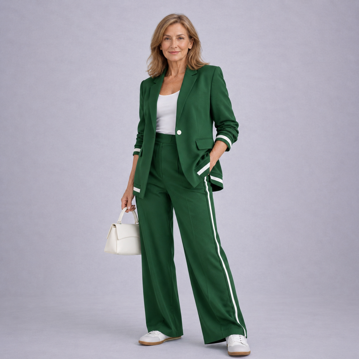 Hyacinth casual suit set in green, full-length front view