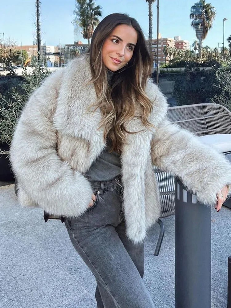 Fiorina faux fur jacket in light beige, worn outdoors front view