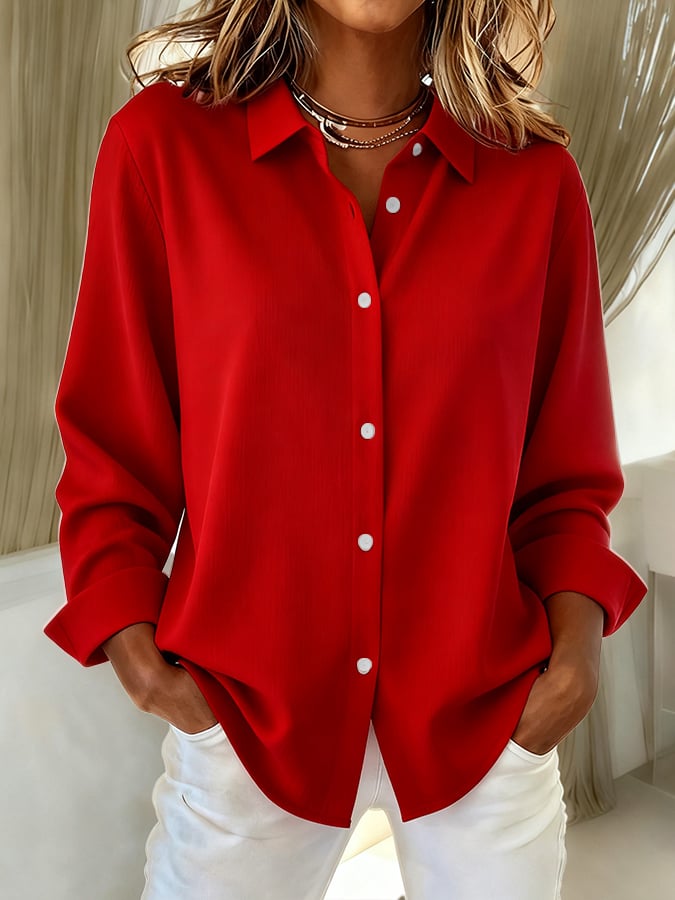 Cathy button-down shirt in red, front view with rolled cuffs