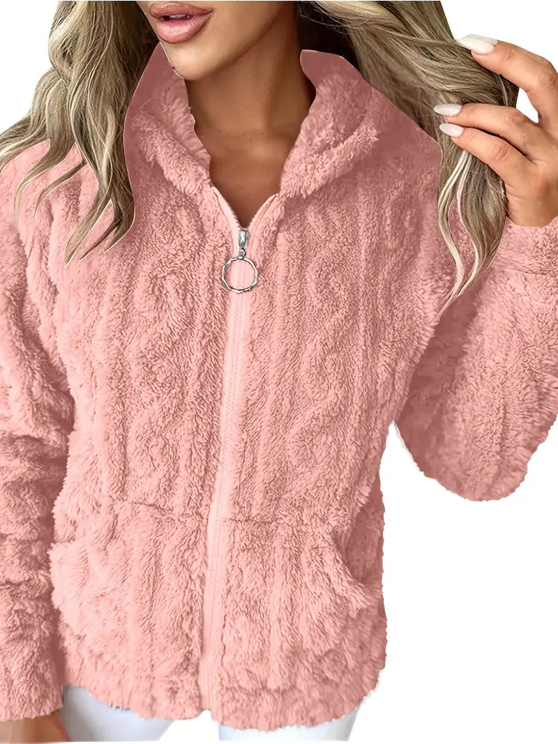 Ruth zip-up hoodie in light pink, close-up of zip and hood