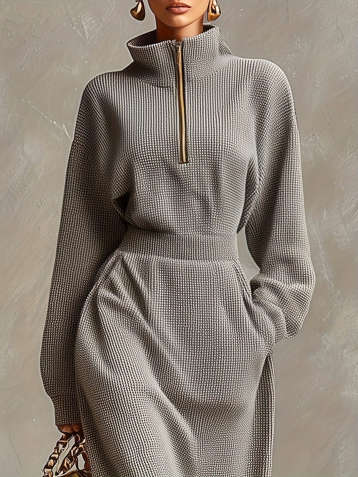 Stella Ertois maxi dress in grey, close view of gold quarter-zip collar