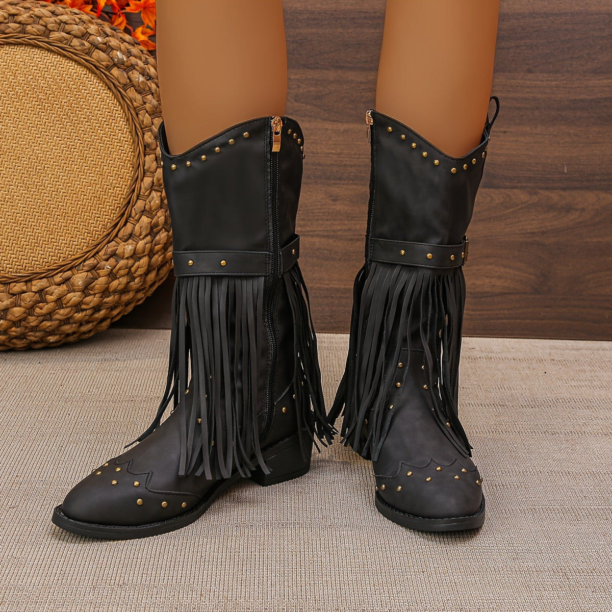 Aurelia western boots in black, front view of studded shafts