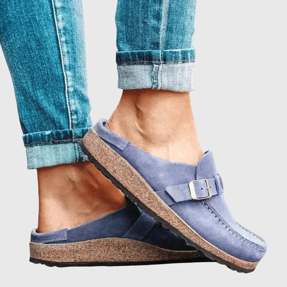 Kendra clogs in purple-blue, close-up of buckle and stitching