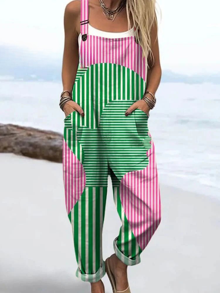 Abstract Form dungarees in pink and green stripes, full-length front view