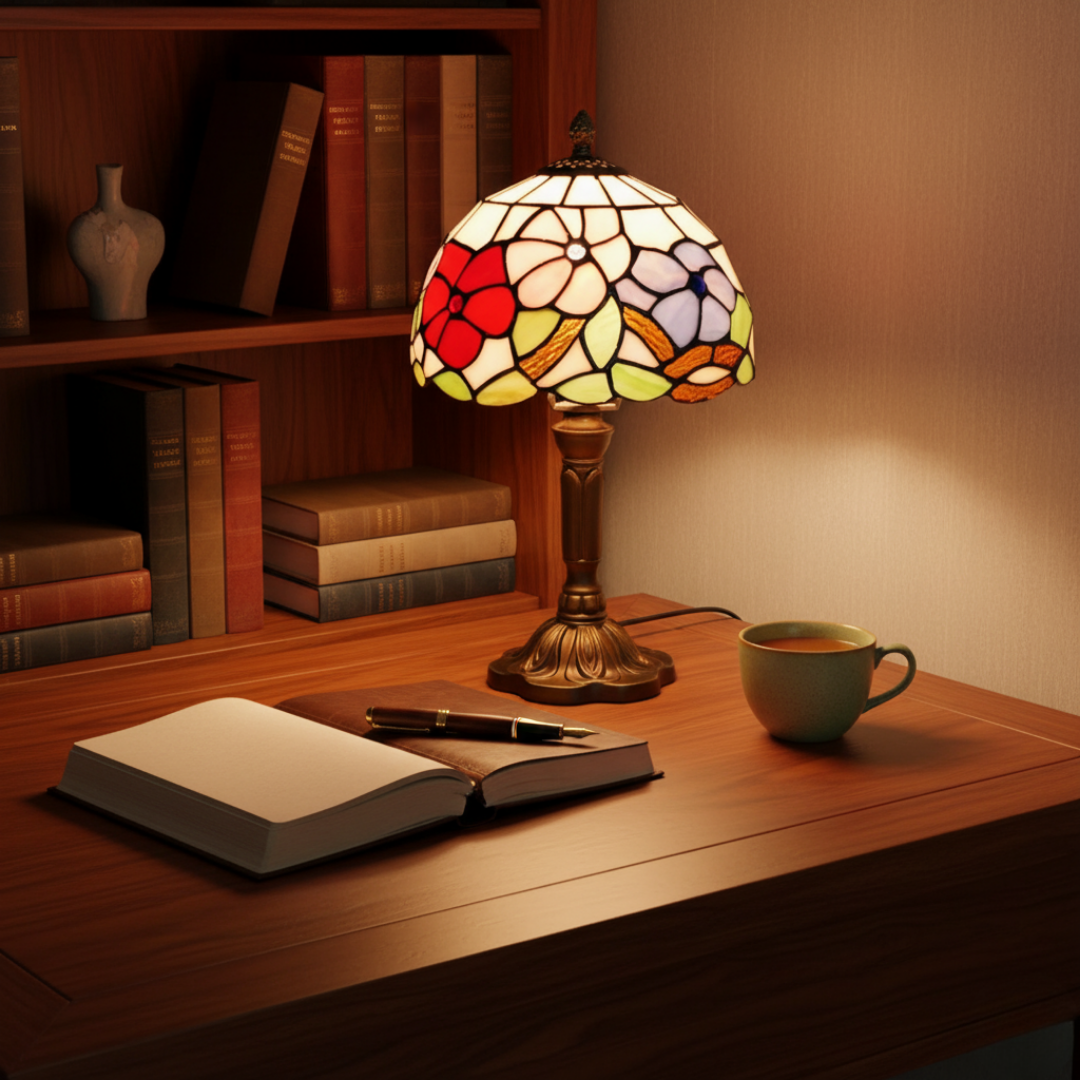 Pink Meadow floral lamp lit on a wooden desk with an open book