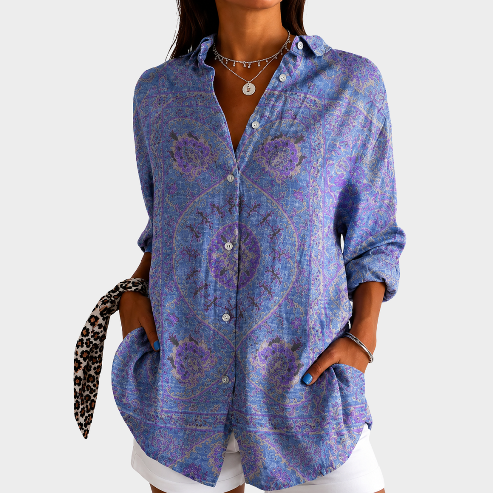 Lavender mosaic print blouse in blue and lavender, front view worn with white shorts