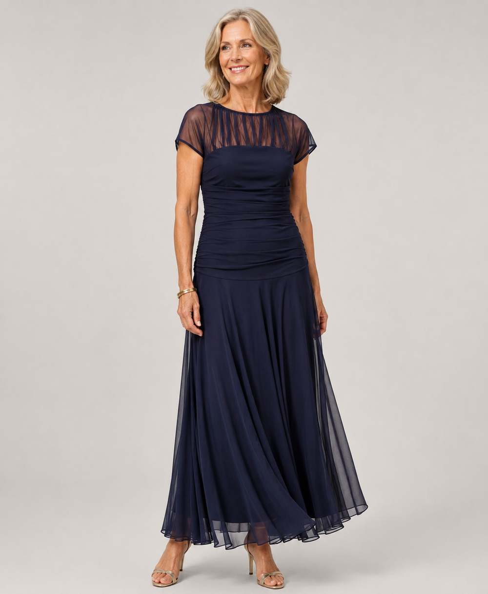 Lauren chiffon maxi dress in navy blue, full-length front view with sheer yoke