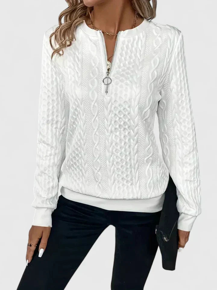 Ara textured sweater in white, front view with hem band