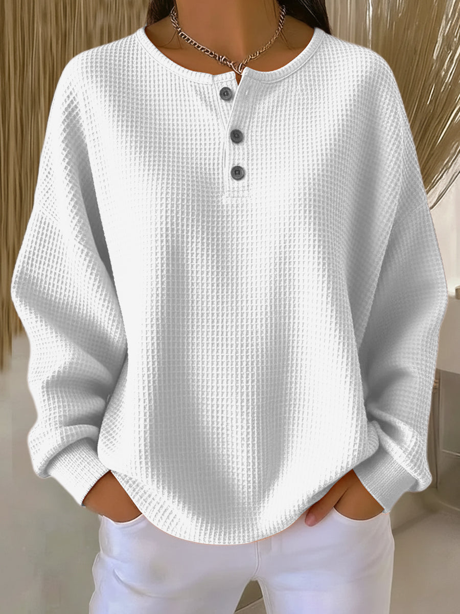 Milagros textured Henley sweatshirt in white, front view